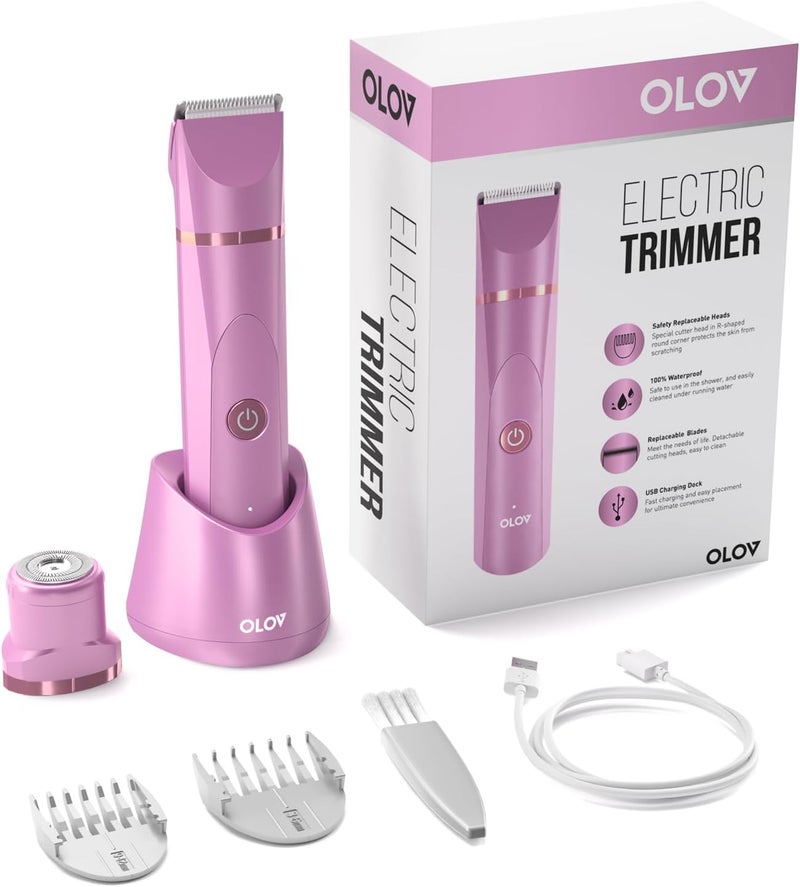 OLOV Electric Body Hair Trimmer - Groin Trimmer for Men - Bikini Trimmer Women - Wet/Dry Shaver Groomer, Replaceable Ceramic Blade Heads, USB Recharge Dock, Waterproof Hygiene Razor, Pink - Image 2